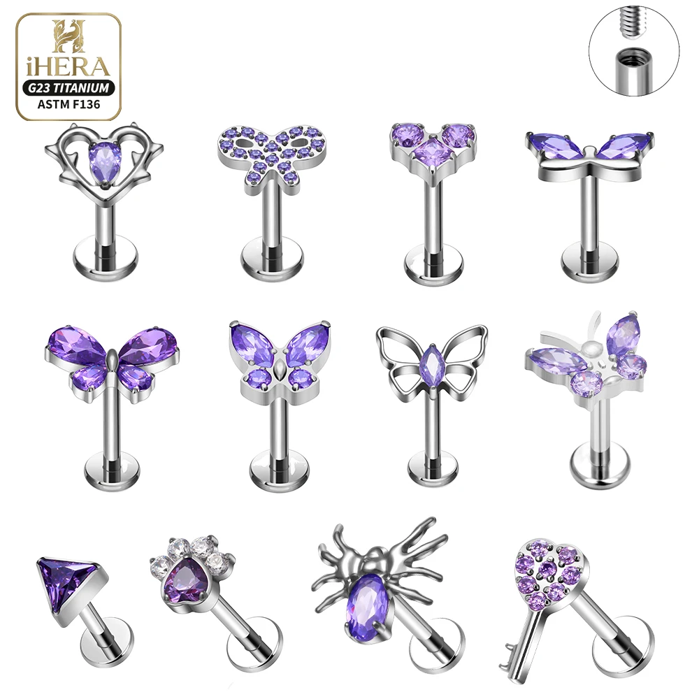 G23 Titan Piercing-Set Funkelndes Lila CZ Spinnenpfoten-Lippenstecker Tragus Conch Helix Nasenknorpel Flatback Großhandels-Set