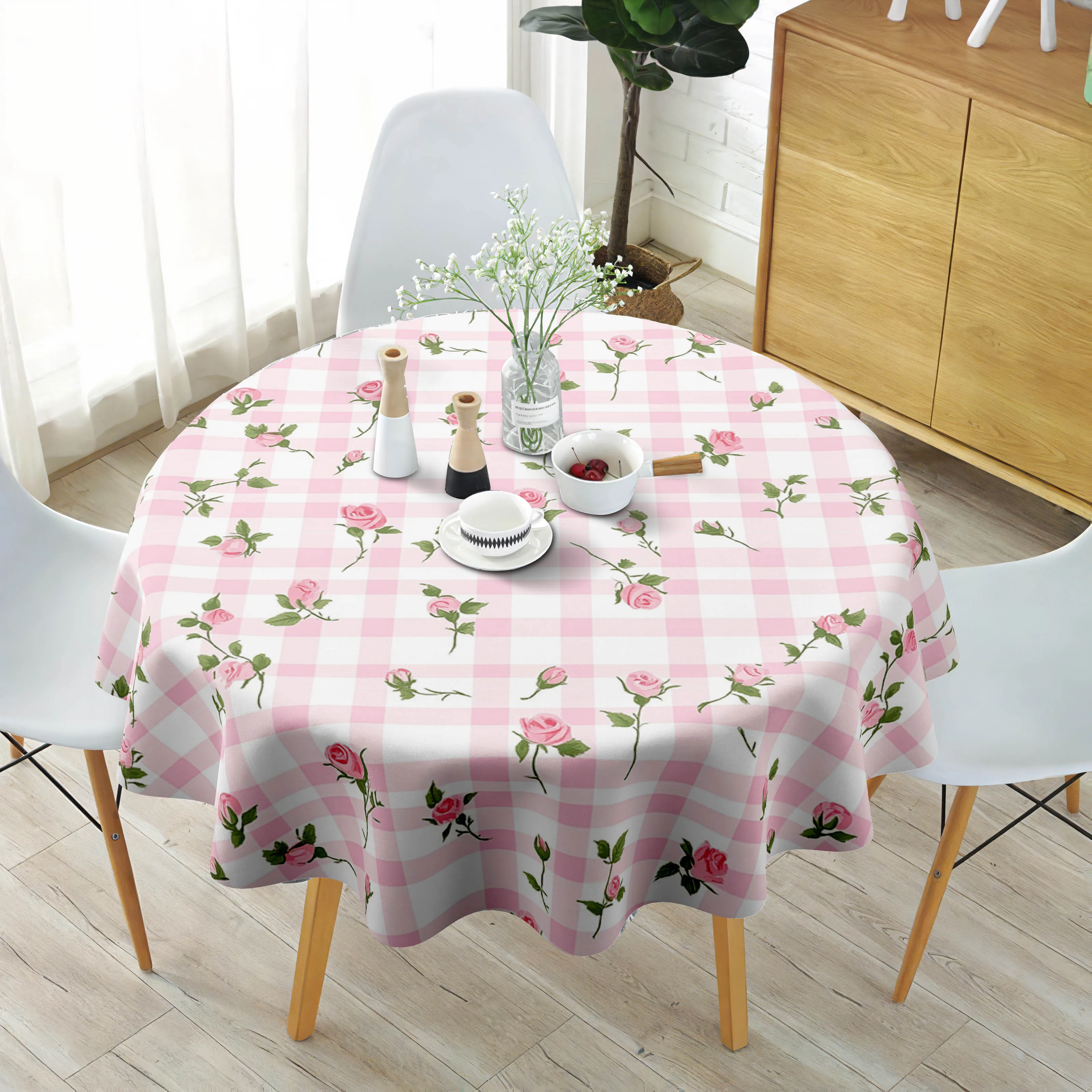 One polyester tablecloth, summer rose-colored tablecloth, rose-pink buffalo checkered tablecloth