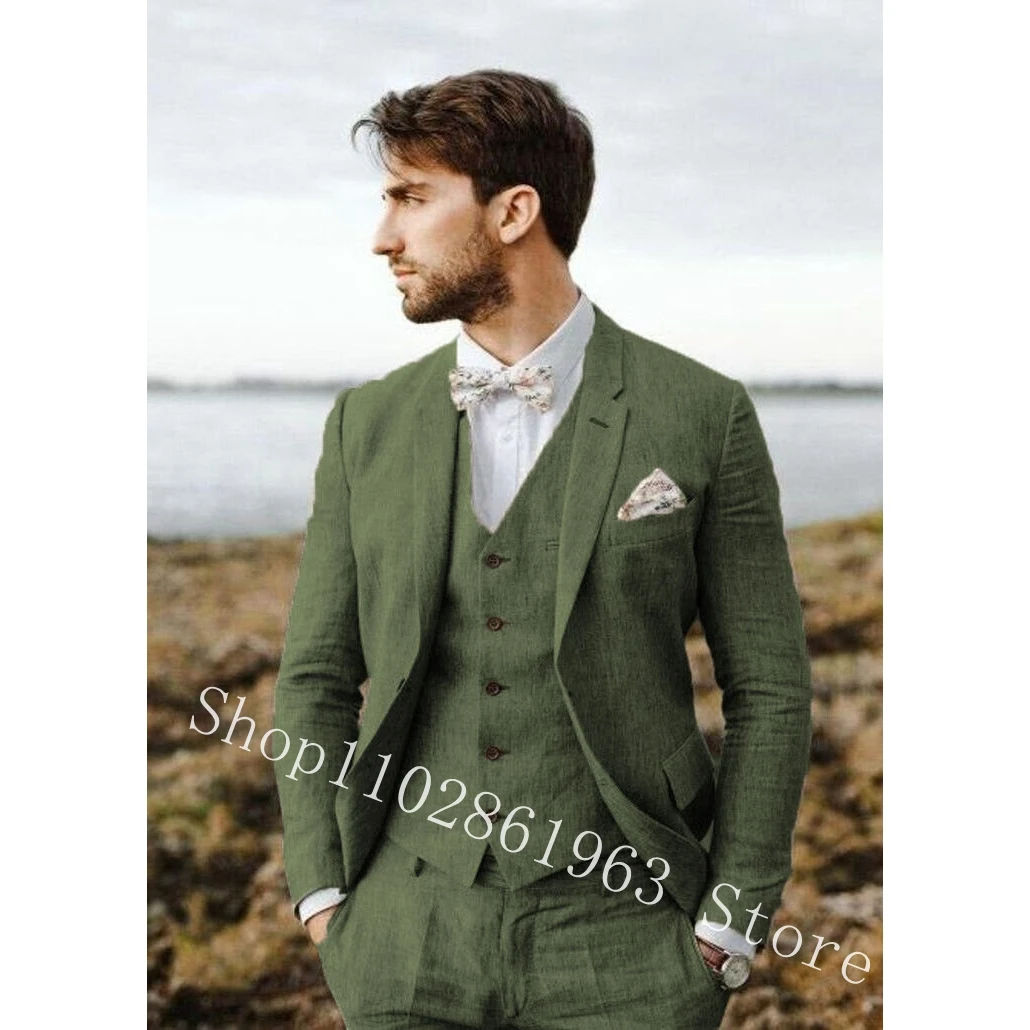 Elegant Linen Suits For Men Notched Lapel Two Buttons 3 Pieces Male Suits Groomsmen Bridegroom Wedding Tuxedos Costume Homme