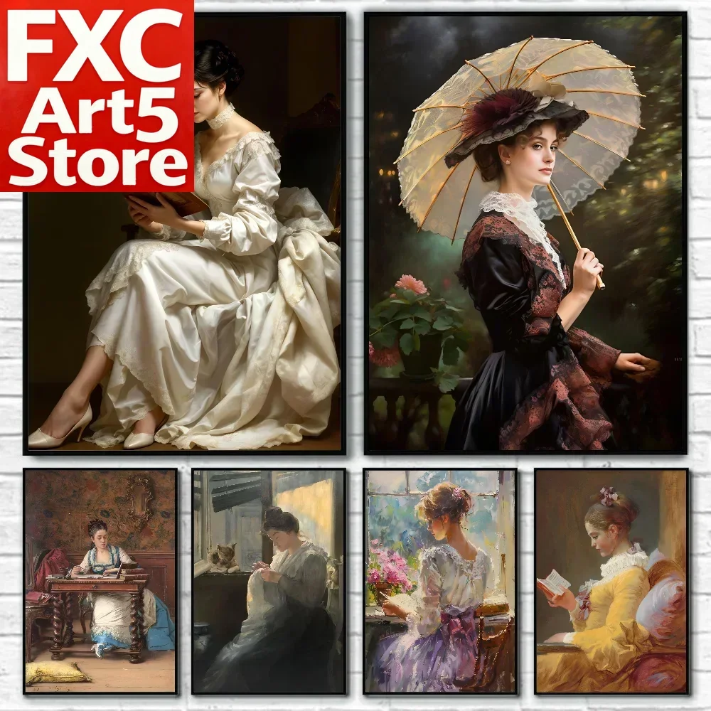 Vintage Classic Noble Lady Portrait No Frame Canvas Painting Retro European Elegant Women Figure Wall Art Set