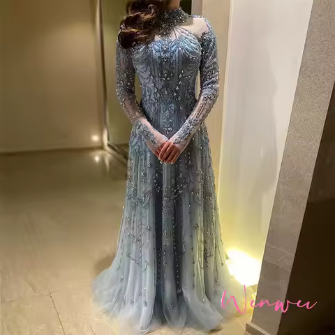 Graceful Prom Dresses Elegant Evening Dress Blue Long Sleeves High Neck Luxury Dress Formal Exquisite High Quality Wedding Party