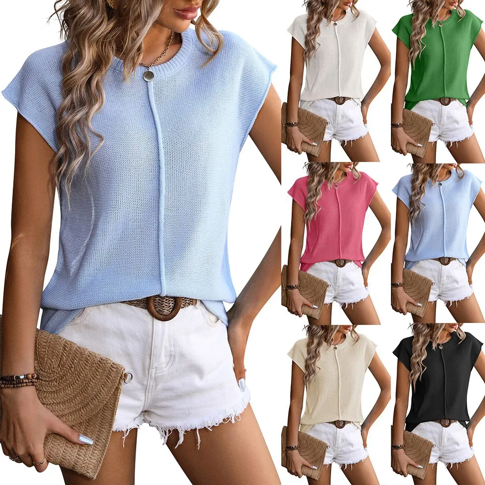 Knitted Coarse Needle Casual Sweater Female Loose Knit wears T-shirt Female Knitted Top 2026 Women New Summer Top Round Neck Top