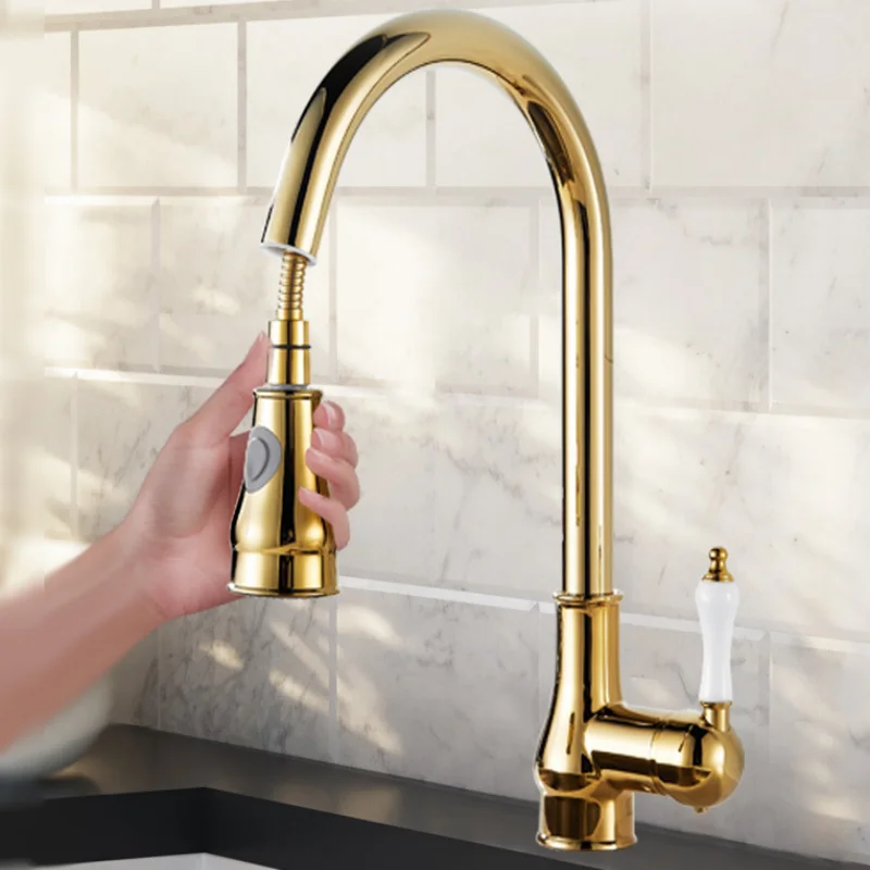 

Gold Pull Out Kitchen Faucet Brass Antique Pull Out Sink faucet Reco Tall Kitchen Tap cold and hot Sink faucet countertop fauce