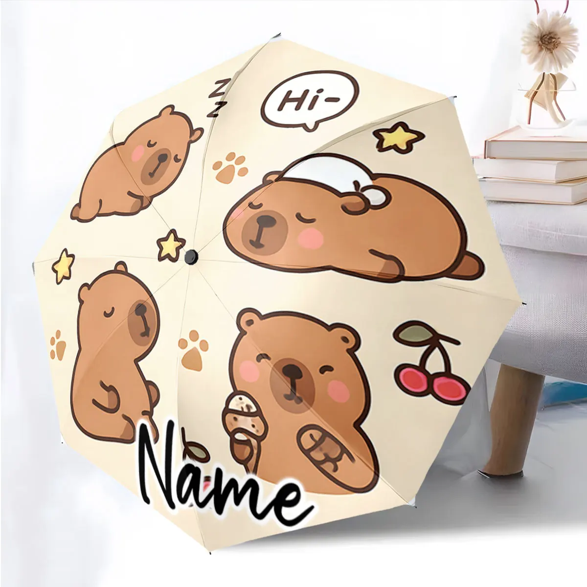 Custom Name Umbrella Cute Bear Umbrella with Relaxing Designs Print 8 Iron Ribs Folding Umbrella Auto-Open Fashion Sunshade