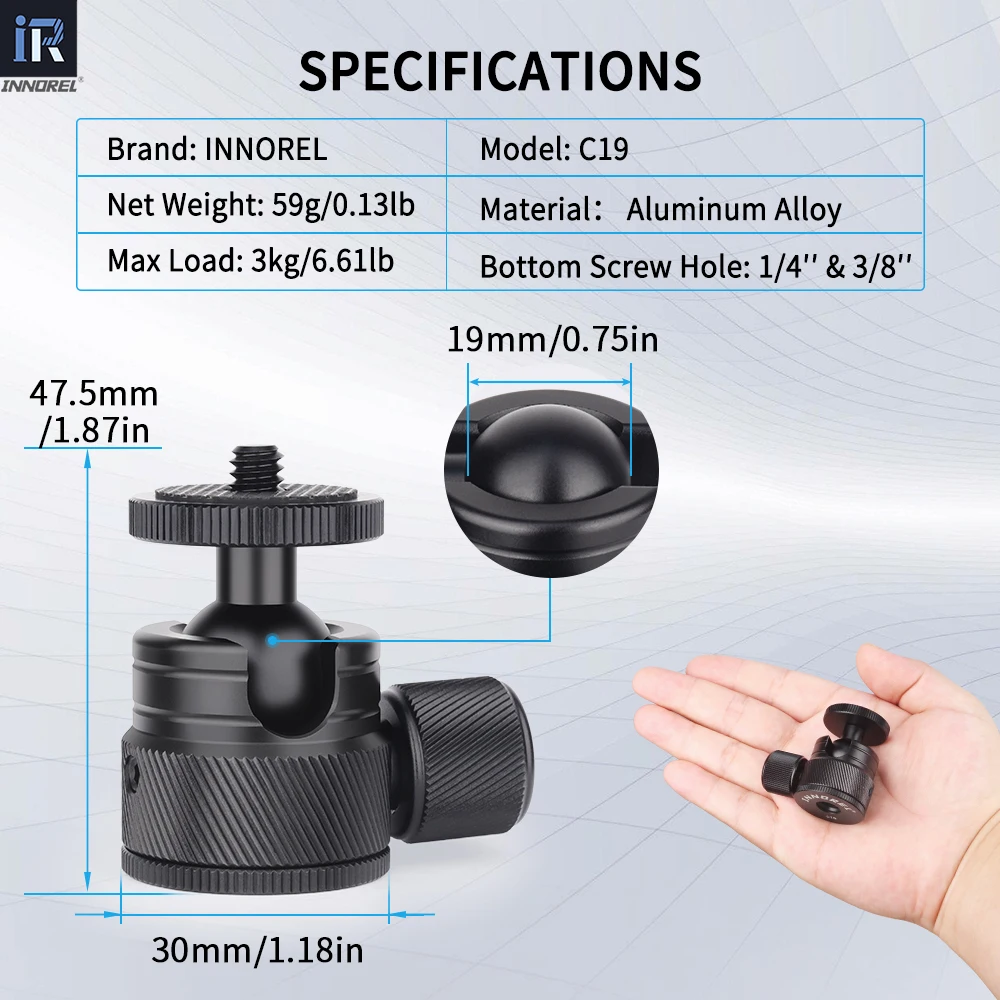 INNOREL C19 Mini Tripod CNC Metal Low Profile Ball Head 360° Pan 90° Tilt Tripods Mount Maxload 3kg for Mobile Phone Smartphone