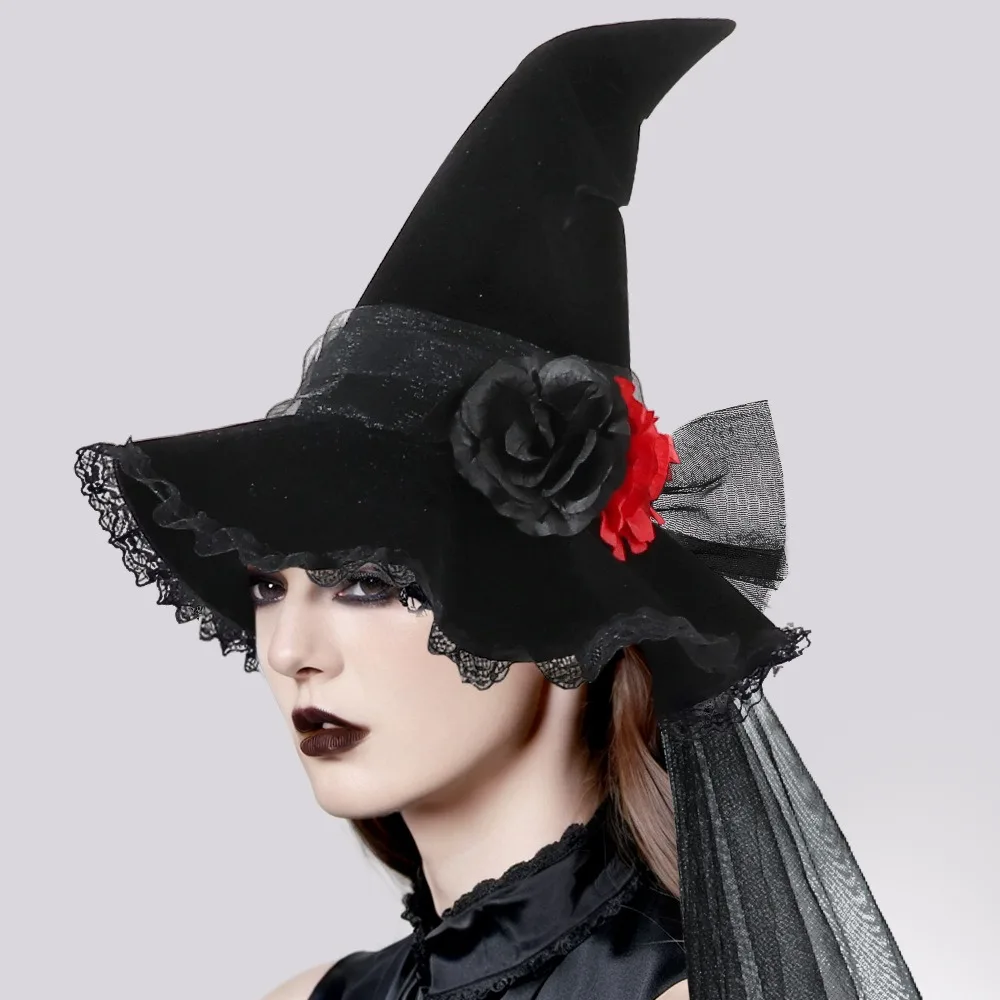 Goth Queen Witch Hat with Tulle & Fake Flowers - Bestselling Halloween Costume Props & Dress-Up Accessories