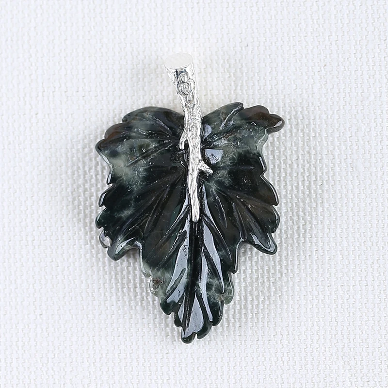 

Natural Gemstone Ocean Jasper Handcarved Leaf Pendant 925 Sterling Silver Necklace Accessories 45x29x6mm 8.4g