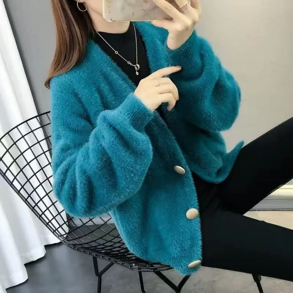 

Women's Trendy Knitted Cardigan Imitation Mink Velvet Spring Autumn Winter Fashionable Loose Top New Arrival