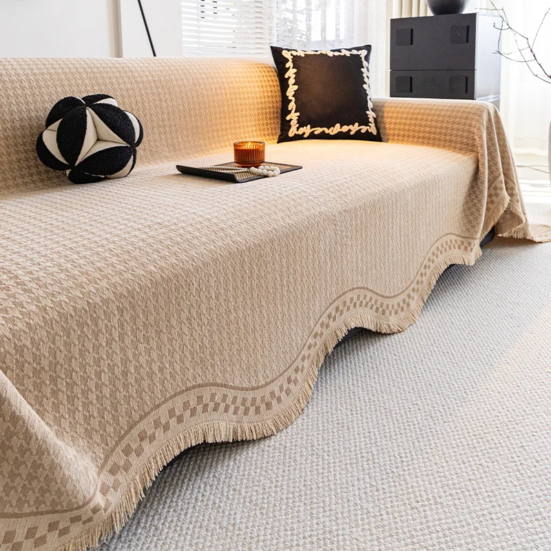 Solid All-Inclusive Sofa Towel with Tassels Houndstooth Print Sofa Cover for Living Room Chenille Knee Blanket for Four Seasons