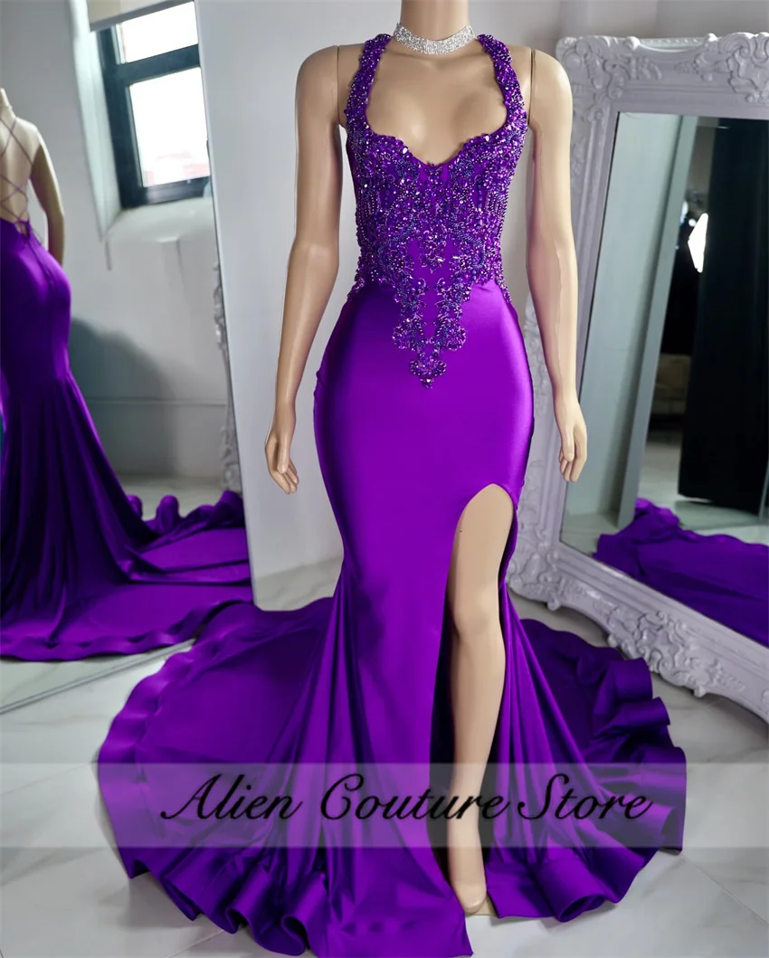 Luxo Roxo Sereia Prom Dress Beading Cristal Rhinestone Birthday Dress Mulheres 2024 Vestido De Noivado De Casamento Personalizado