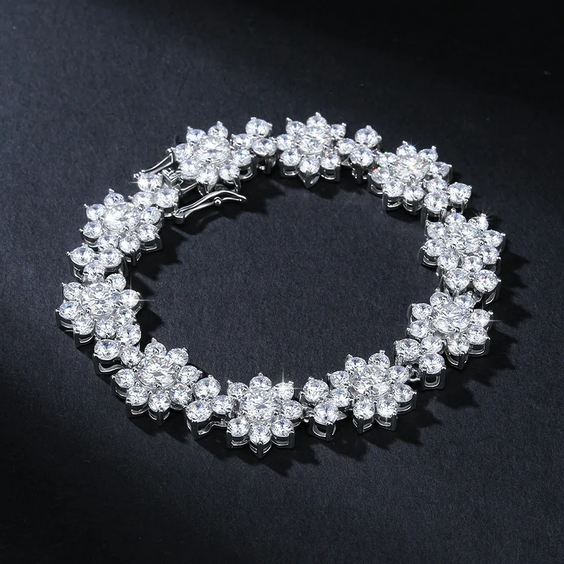 

S925 Silver Moissanite Sunflower Bracelet with Luxury D Color Moissanite Sunflower Tennis Bracelet adjustment