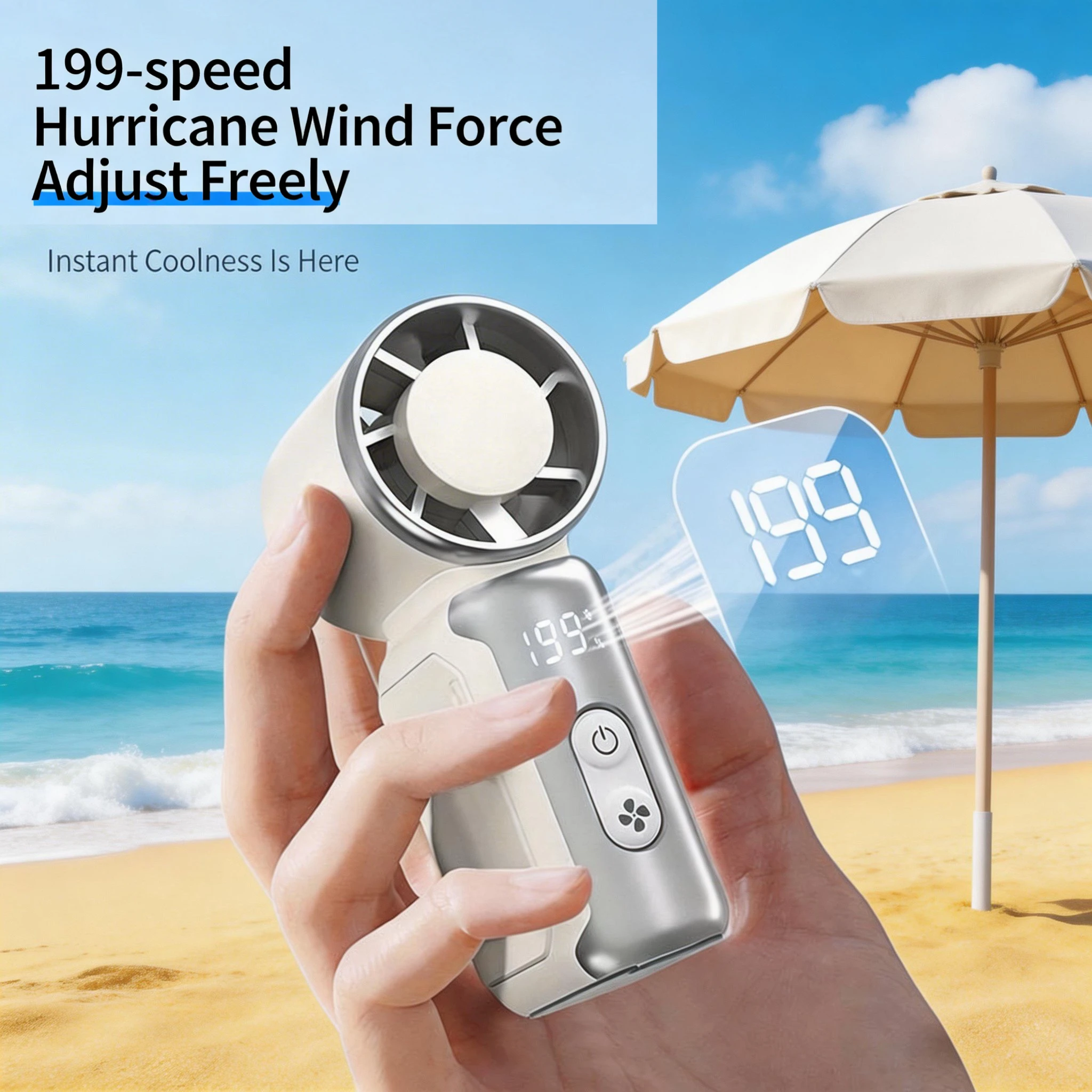 The mini fan is equipped with a brushless motor and has 199 adjustable gears. It is compact, portable and has a strong wind forc