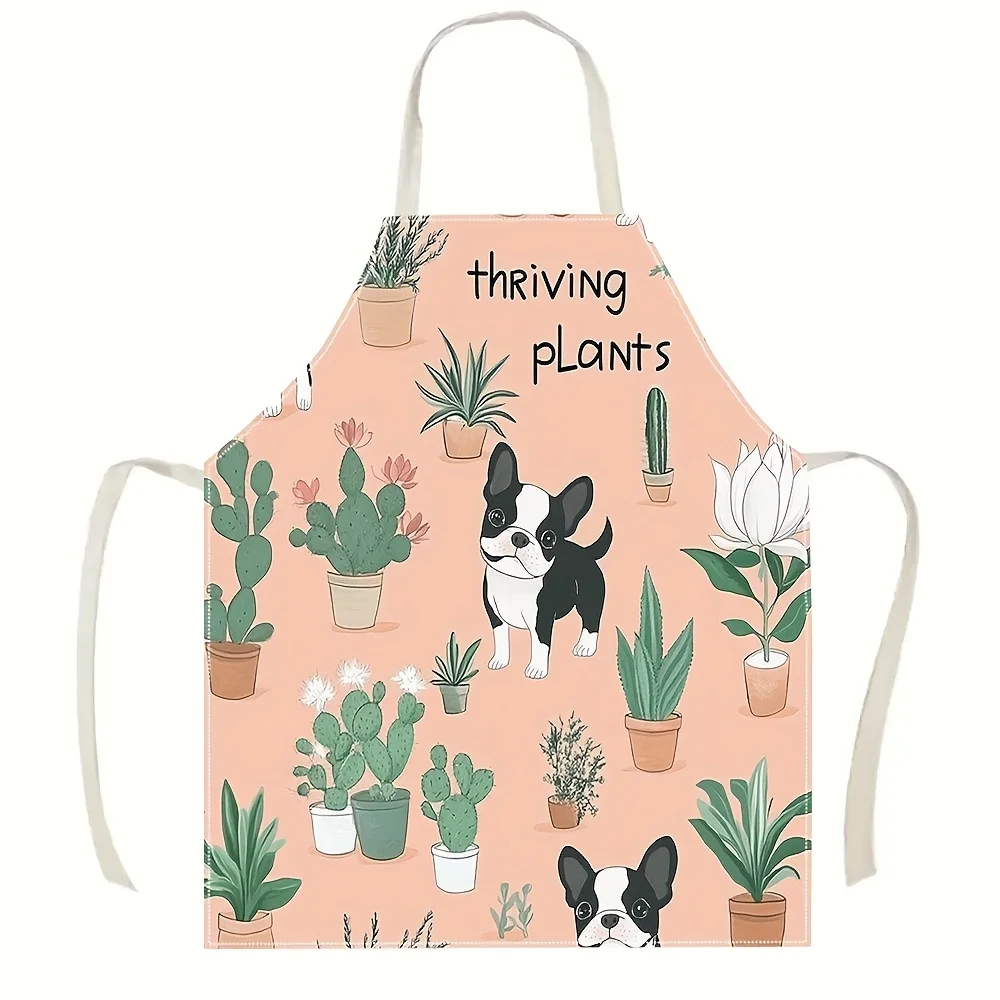 1pc Cute Boston Terrier Dog And Plants Pattern Kitchen Apron For Women Gardening Cooking Baking BBQ Linen Fabric Unisex