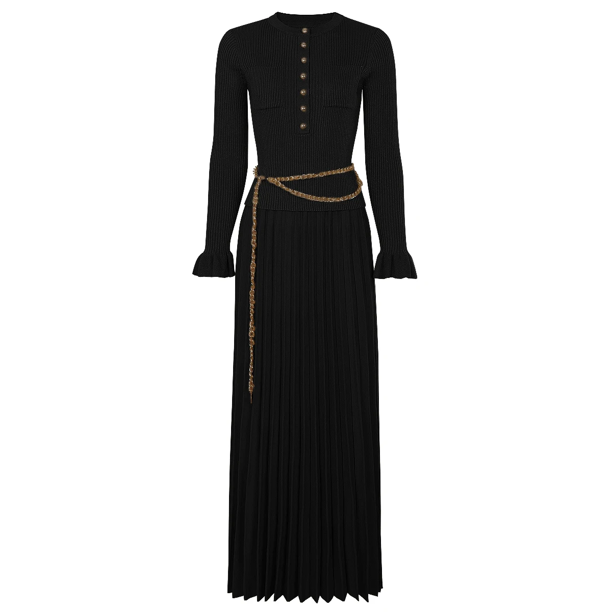 2026 Women's Knitted Pullover and Pleated Skirt Set High-quality Slim Fit Long Sleeved Top with Chain Belt Spring Autumn Fashion view 3