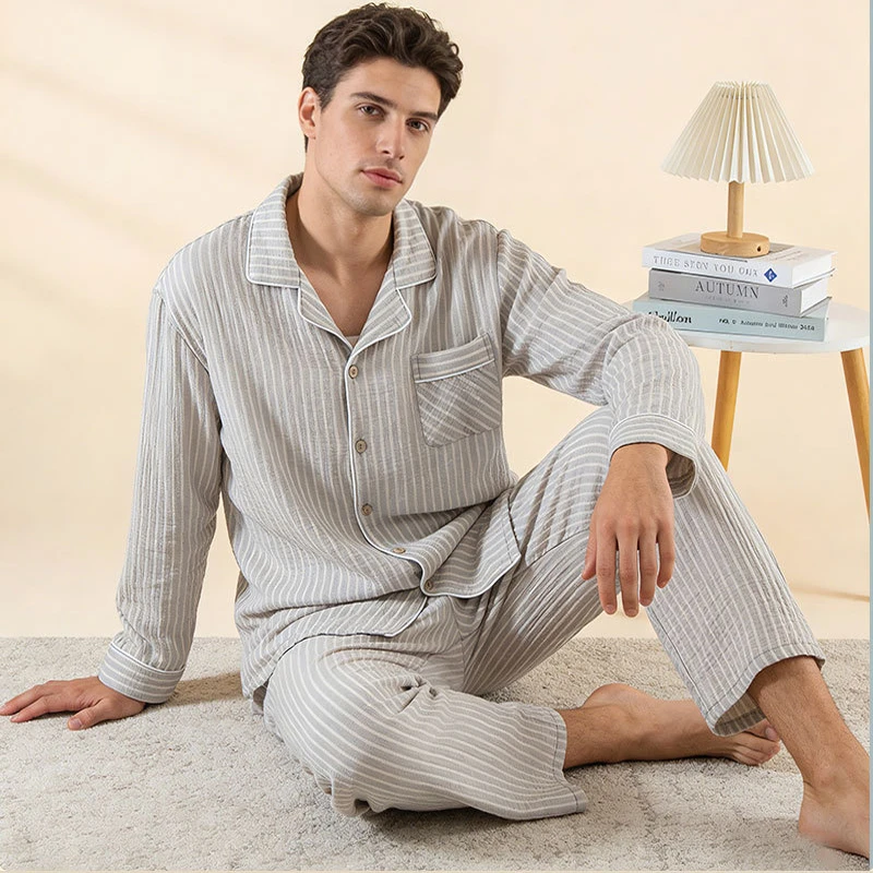 Men's 100% Cotton Striped Loungewear Pajama Set Soft Breathable Lapel Sleepwear Button Front Shirt & Relaxed Pants Homewear Suit