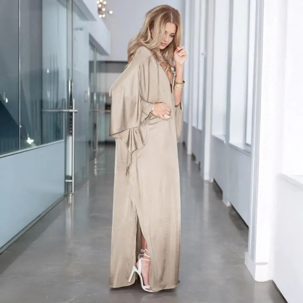 Sukienka satynowa w stylu boho plus size dla kobiet, wiązana z przodu, dekolt w serek, długi rękaw, tunika, letnia sukienka plażowa, narzutka na strój kąpielowy.