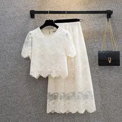 Women Vintage Lace Suit Hollow Out Top And Embroidery Midi Long Skirt Two Piece Set Matching Outfit Female Lady Clothing Summer