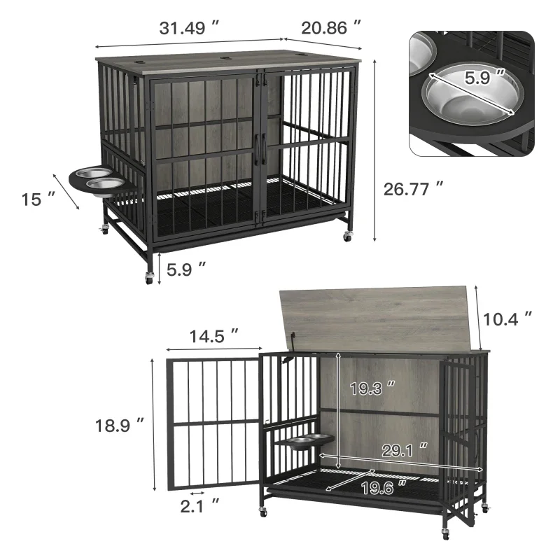 Double-Door Dog House, lift Panel, 360 Degree Rotation -3 Height Adjustable Feeding Bowls(Grey)