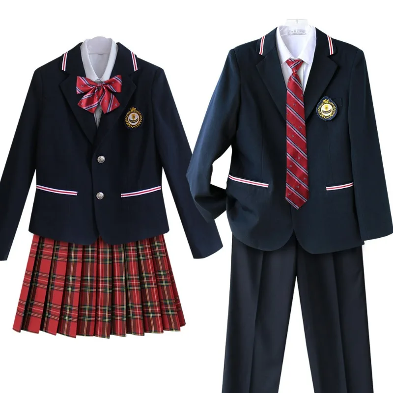 5PCS 유니섹스 한국 영국 일본 학교 유니폼 복장 애니메이션 코스프레 의상 세트 블레이저 셔츠 타이 배지 격자 무늬 스커트