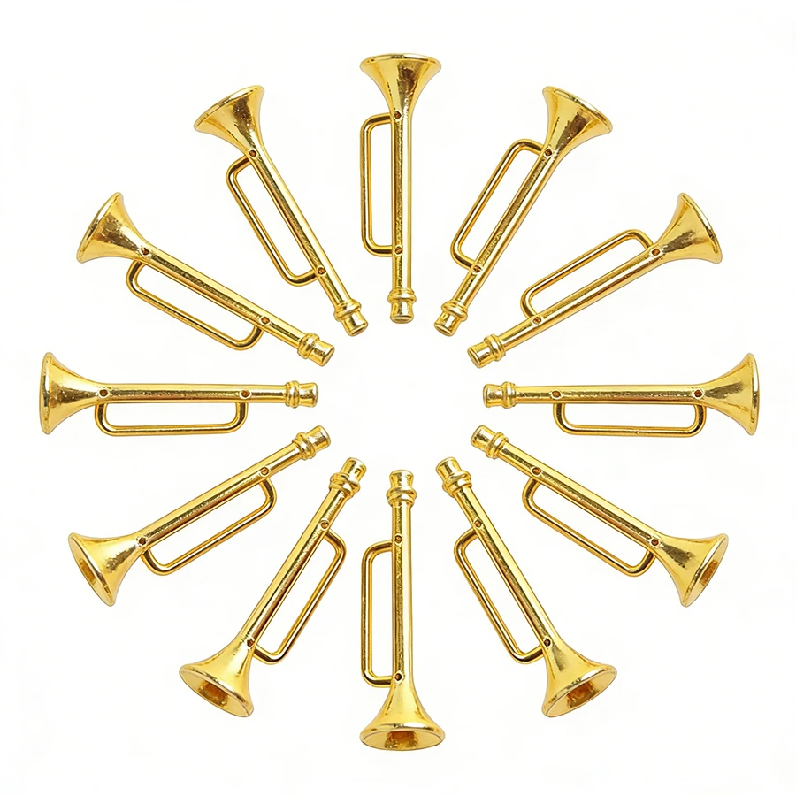 10pcs 4.3cm Plastic Mini Golden Trumpet Ornament Miniature Decorative Crafts Dollhouse Desktop Miniature Scene Accessory ﻿