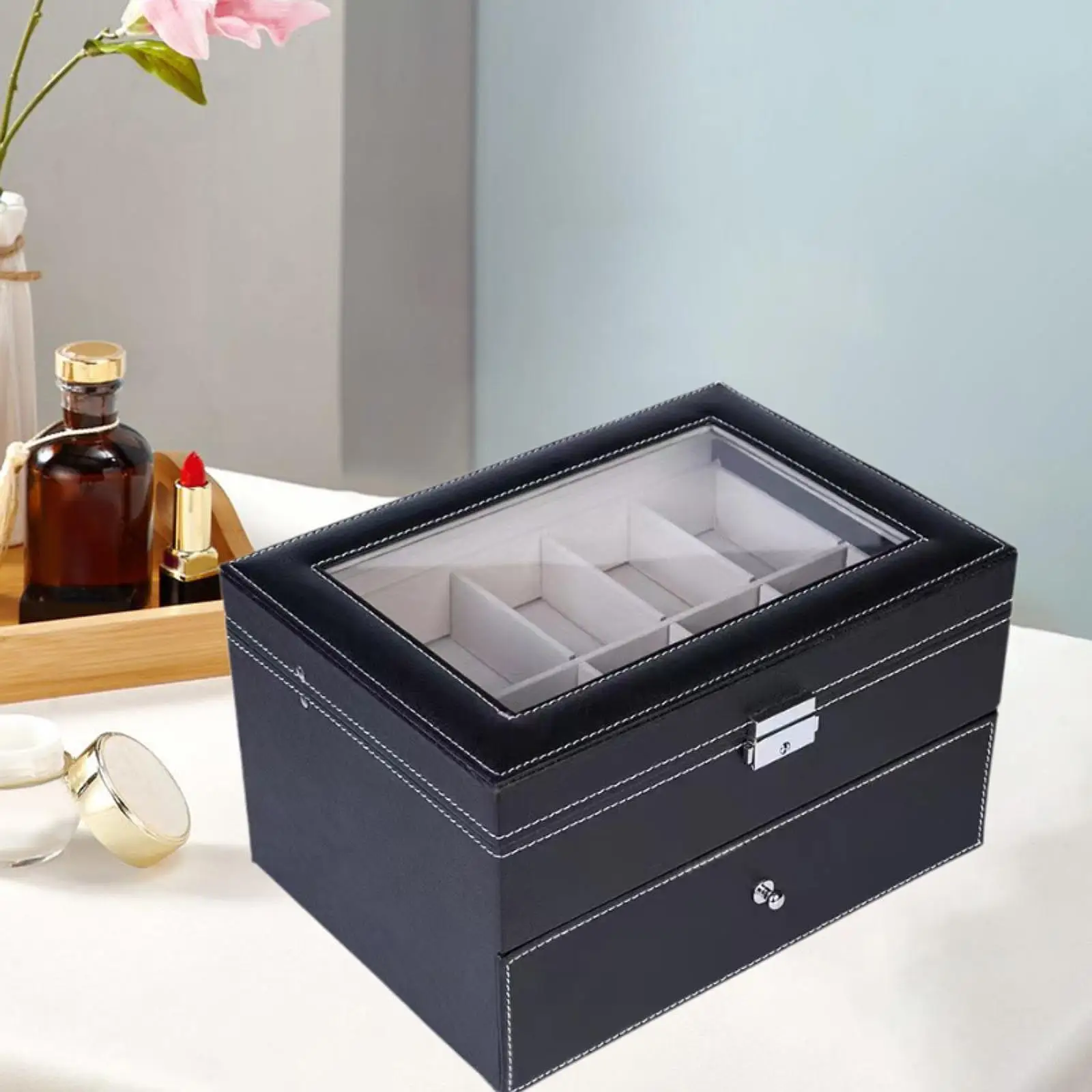 

12 Slots Watch Box with Glass Lid Jewelry Display Drawer for Rings Gift