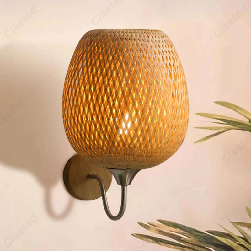 Chinese-style Bamboo Woven Wall Lamp Bedroom Bedside Lamp Zen-inspired Corridor Tea Room Hallway Light Rustic Lighting Fixtures