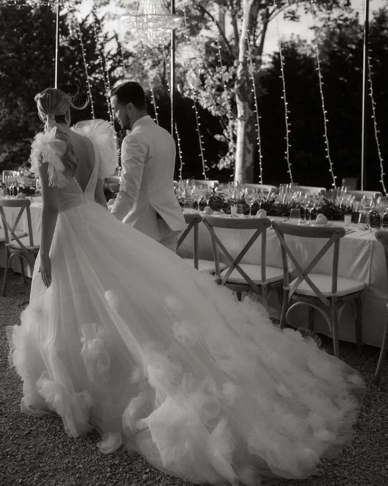 Vestido de noiva floral 3D princesa, Tule longo, Sem encosto, Vestido de baile branco, vestido de noiva romântico, 2023