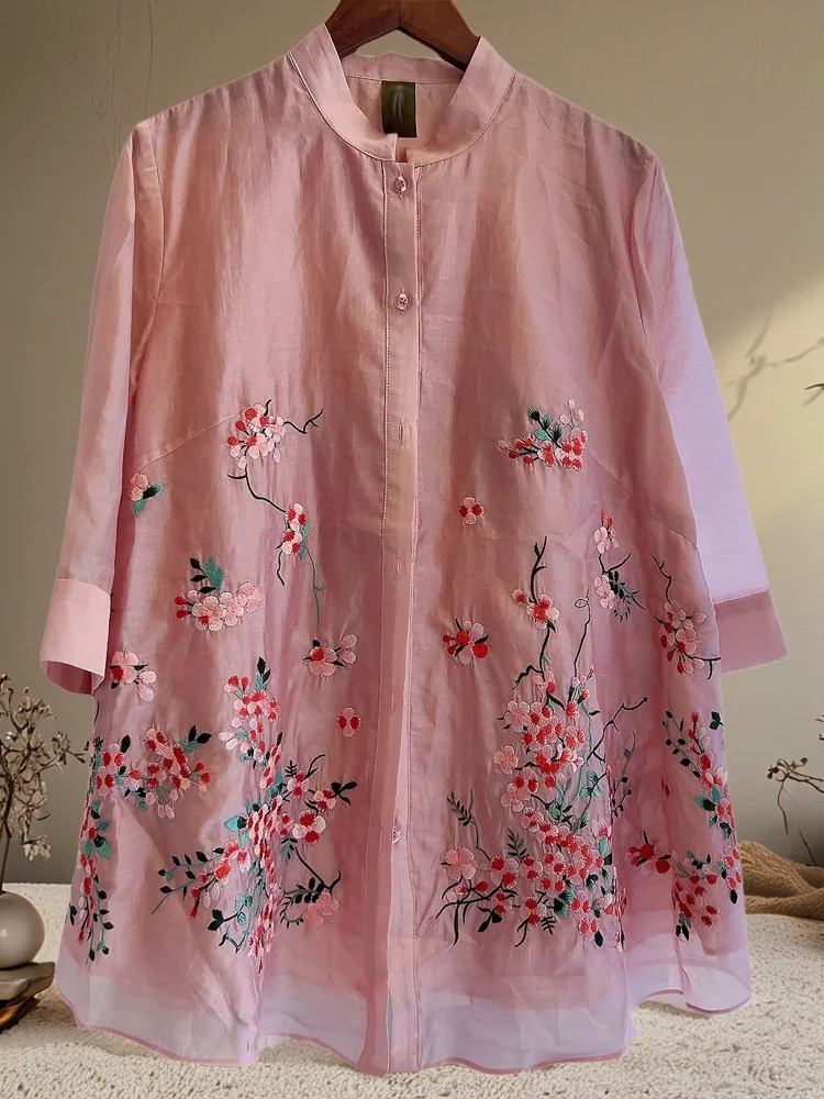 Hohe Qualität Chinesischen Stil Stehkragen Top Für Frauen Halbarm Sommer Exquisite Stickerei Mittlere Länge Hemd M-XXL