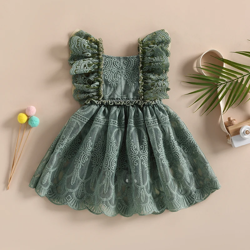 0-24M Baby Lace Romper Dress Girls Summer Clothing Infant Toddler Ruffle Sleeve Square Neck A-line Dress Jumpsuits