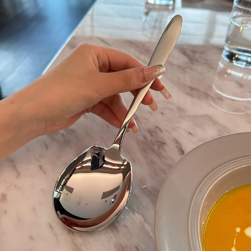 Stainless Steel Big Head Round Spoon Net Red Long Handle Stirring Dessert Spoons For Kitchen Serving Spoon Household Spoon