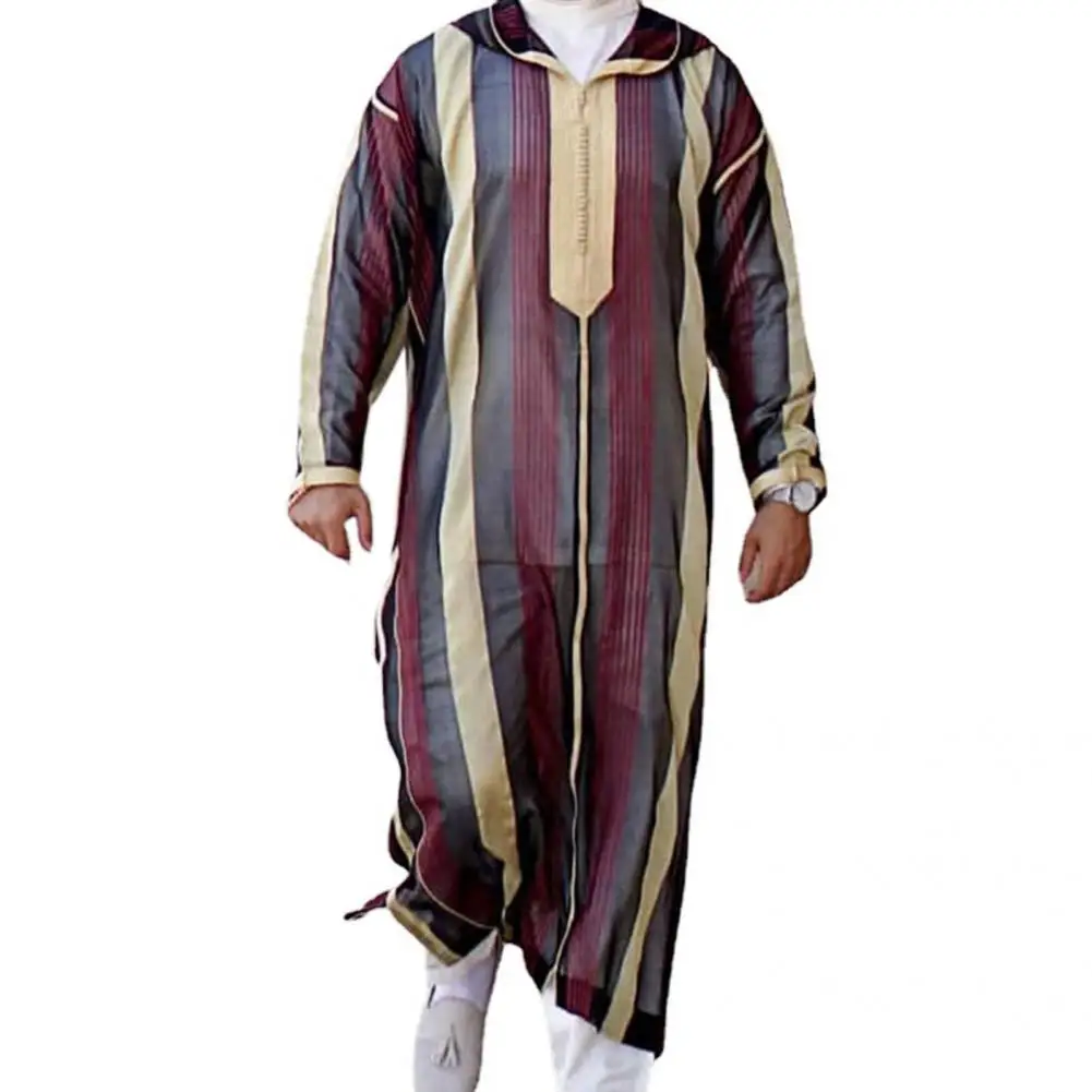 

Traditional Robe Soft Long Shirt Breathable Long Retro Striped Print Hooded Men Retro Robe