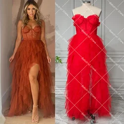 Cascading Tulle Maxi Long Evening Gowns Customized Plus Size Sweetheart Sheer Bustier Lace Leg Slit Rust Corset Mesh Prom Dress