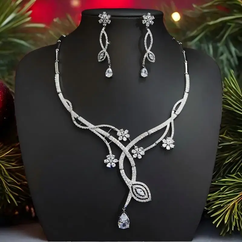 

Sparkling White Cubic Zirconia Dubai Bridal Jewelry Sets Women 2-piece Necklace Earrings Set Wedding Party Gift