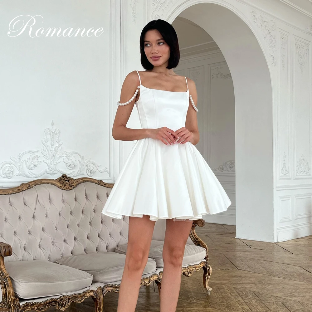 Elegant Pleat Satin Short A-Line Wedding Dress Women Boat-Neck Open Back Spaghetti Straps Pearls Vestidos De Novia Customized