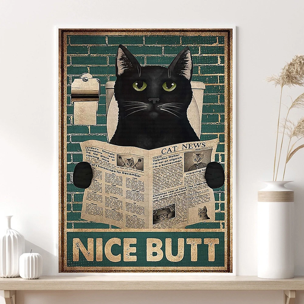 Cat Halloween Nice Butt Poster Funny Retro Black Animal Bathroom Wall Painting Print Vintage Toilet Decor Read Newspaper Canvas