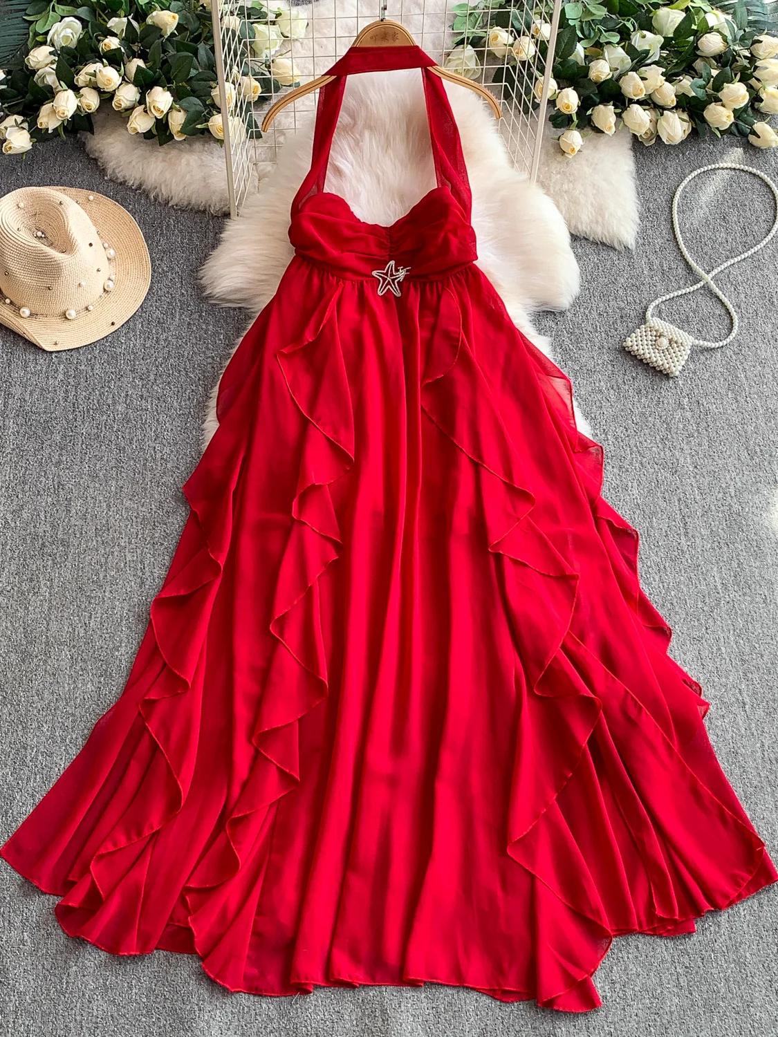 섹시한 발레 스타일 롱 드레스 여성 여름 슬림 A라인 스커트 비치 바캉스 하이웨이스트 벨 슬리브