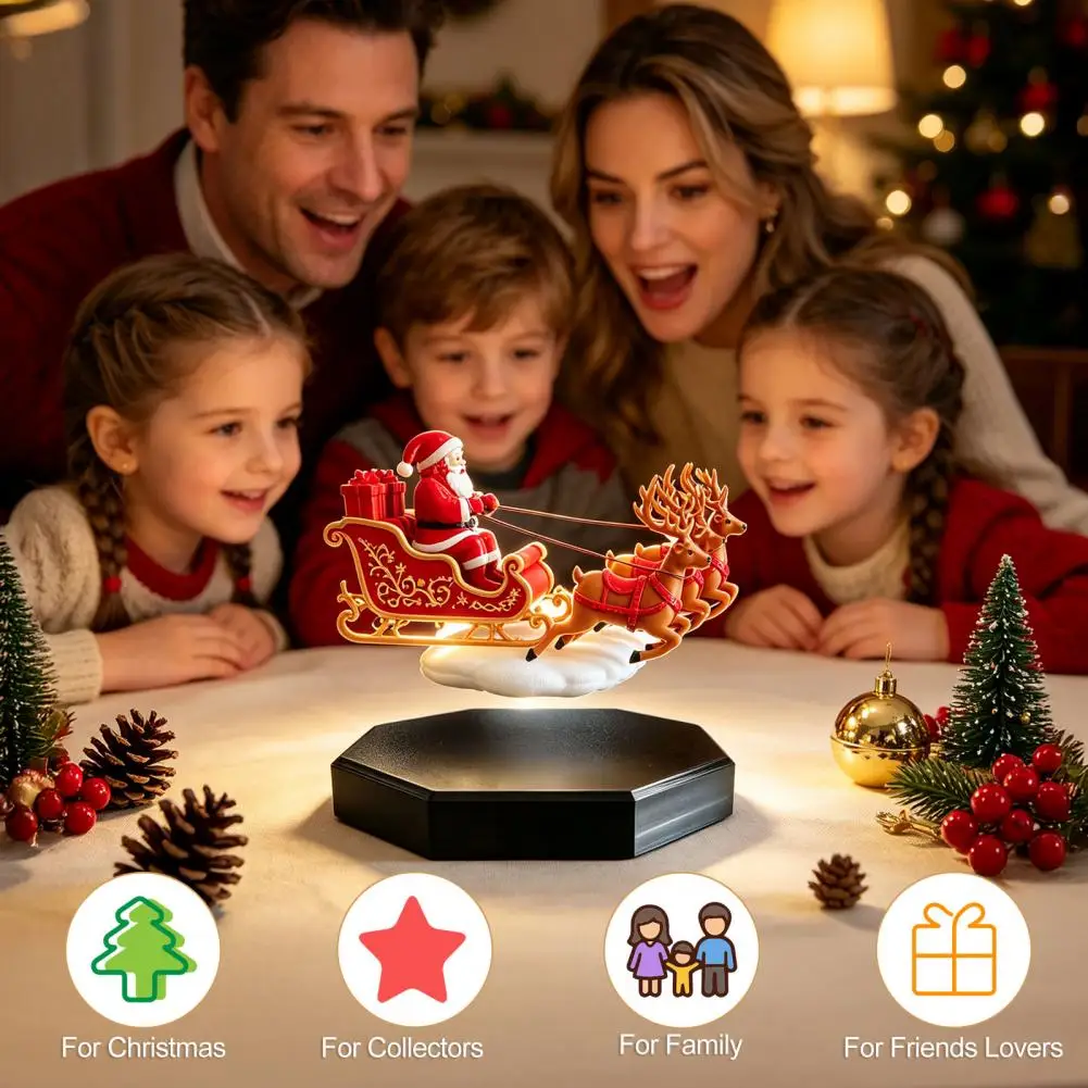 Desktop Santa Claus Figurine Magnetic Levitation Santa Sleigh Ornament Floating Christmas Display with Reindeer for Home