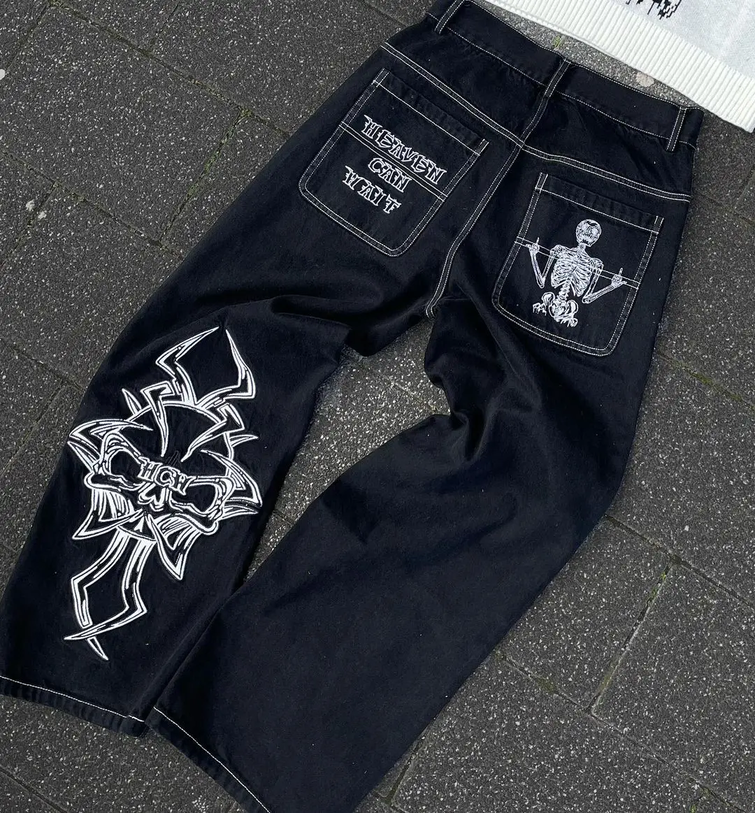Y2K Jeans Mens Hip Hop Retro Skull Embroidery Washed Baggy Denim