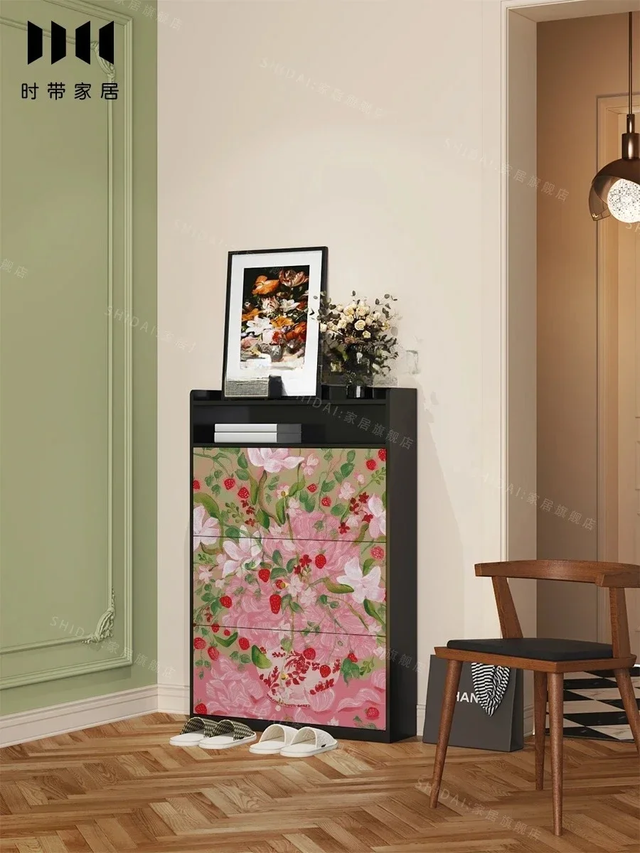 Retro solid wood ultra-thin tipping bucket shoe cabinet, entrance storage integrated cabinet, living room wall storage cabinet