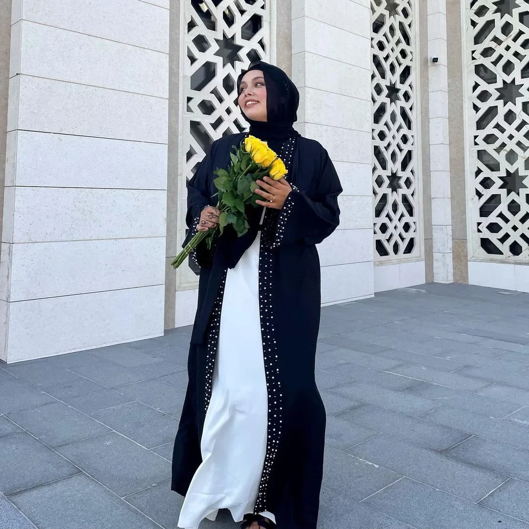 

Eid Muslim Beaded Kimono Cardigan Open Abayas for Women Ramadan Dubai Abaya Turkey Kaftan Kebaya Caftan Marocain Femme Jalabiya