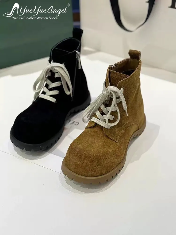 Fashion Female Genuine Leather Square Toe Chunky Heel Ankle Boots Solid Color Sheep Suede Platform Hollow-Out Slip On Footwear