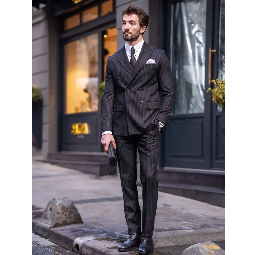 Chic Black Pinstripe Male Suit Slim Two Piece Fashion Business Casual Office Outfits Elegant Peak Lapel Double Breasted Suits