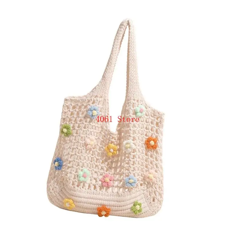 

Women Knitted Armpit Bag Beach Bag Fashionable Shoulder Bag with Flowers Hollow Mesh Underarm Bag Shopping Bag
