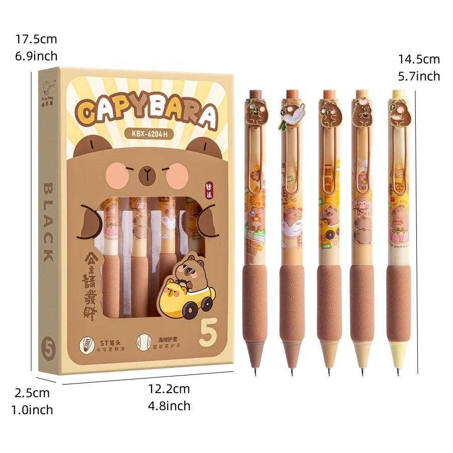 5pcs Capybara Gel Pens Set Metal Cartoon Patch 0.5mm Ballpoint Black Color Ink for Writing School A7629