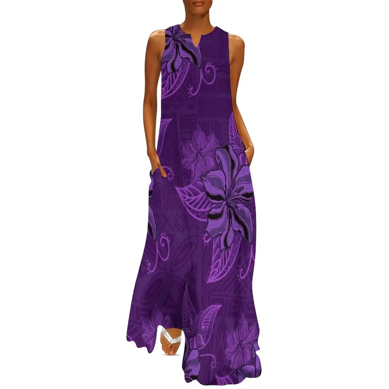 

Midnight Purple Hawaiian Tapa Hibiscus Print Long Dress luxury dresses womens dress Clothing female Dress