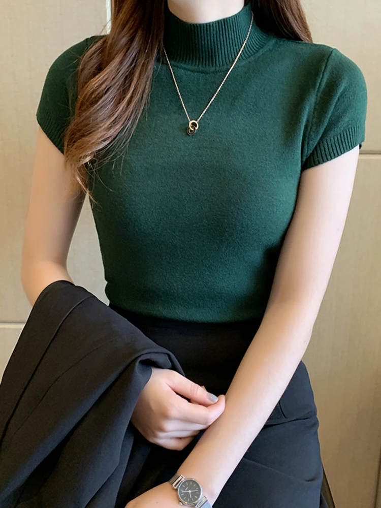 

Spring Summer Women Knitted T-Shirts Short Sleeve Shirts Tops Female Elastic Slim Casual Knit Tee Tops Women's T-Shirts