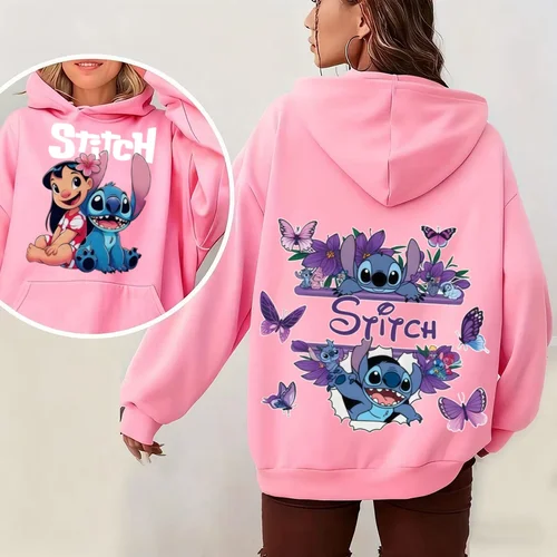 Sudadera con capucha con estampado de Disney Stitch y Lilo para mujer, jersey cálido para otoño e invierno, ropa de calle de moda, sudadera para uso informal diario
