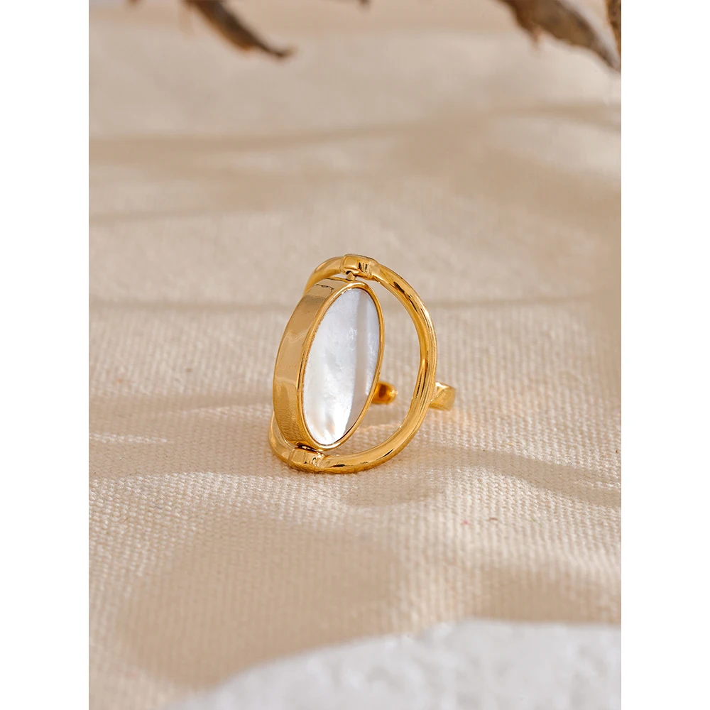 Yhpup Exclusive Natural Stone Shell Rotatable Open Ring France Exquisite Stainless Steel Unique Jewelry for Fashionable Women