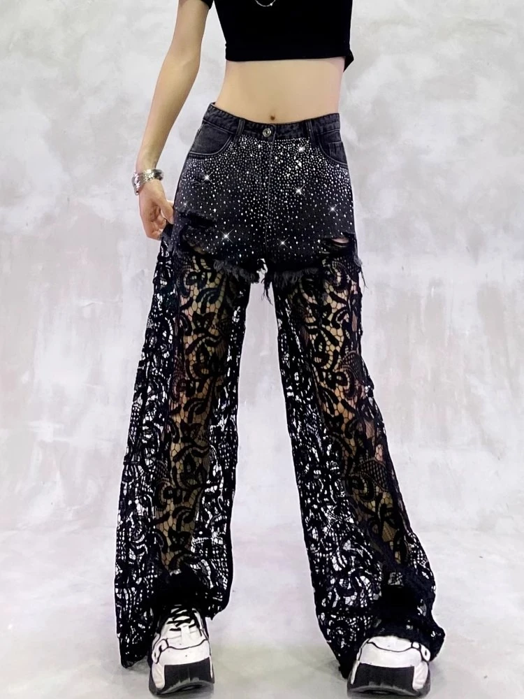 

Женские кружевные брюки, тяжелые повседневные джинсы с бриллиантами, женские летние свободные узкие прямые широкие брюки с высокой талией