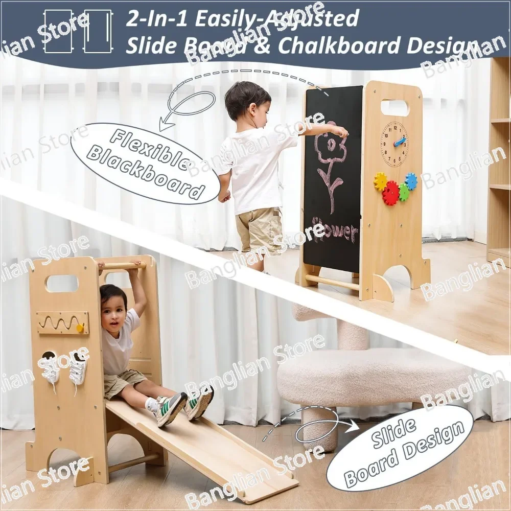 Toddler Tower, 4 in 1 Toddler Kitchen Stool Helper Wooden Height Adjustable Standing Tower for Kitchen Counter with Slide image 2